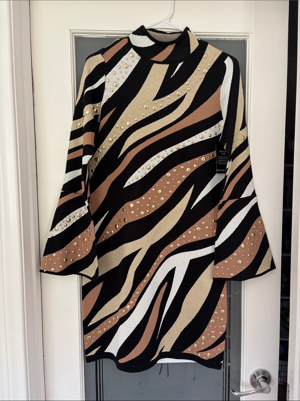 Boston Proper Zebra-Print Sweater with Gold Studs in Black, Tan & White